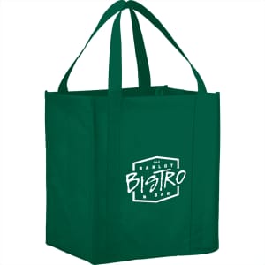 A green reusable grocery tote with sturdy handles and a logo on one side. Suitable for shopping purposes.