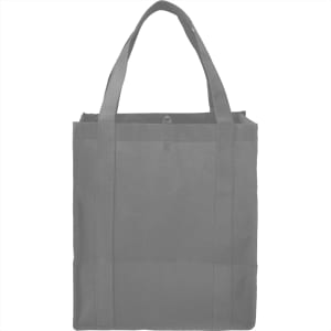 A grey reusable grocery tote bag with two sturdy handles and a logo. It has a spacious design for carrying items.