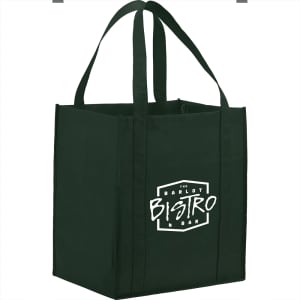 A green non-woven grocery tote bag with sturdy straps and a logo on one side.