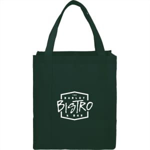 A green non-woven grocery tote bag with sturdy handles and a logo on the front.
