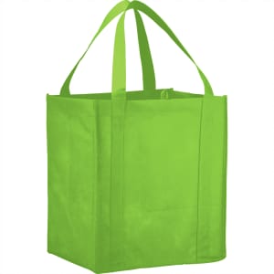 A bright green non-woven grocery tote with sturdy handles, featuring a simple design and an empty interior.