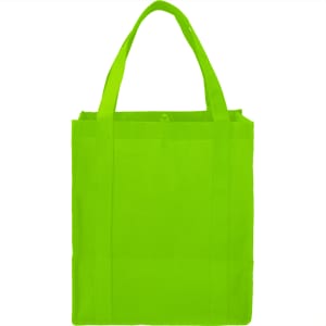 A bright green reusable grocery tote bag with sturdy handles and a simple design. It has a logo on its surface.
