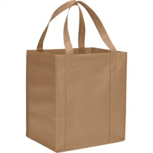 A tan non-woven grocery tote bag with two sturdy handles and a square shape, featuring branding on the side.