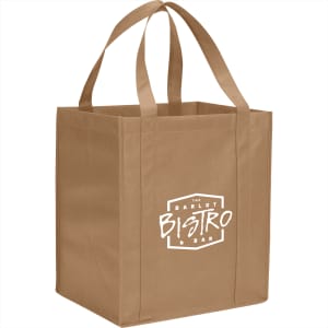 A brown reusable grocery tote bag with two handles and a logo on one side.