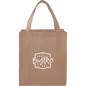 A reusable grocery tote in a tan colour with sturdy handles and a logo on the front.