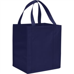 A navy blue non-woven grocery tote with sturdy handles and a square design, featuring a logo.