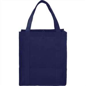 A navy reusable grocery tote bag with two handles and a simple design, featuring a branding logo.