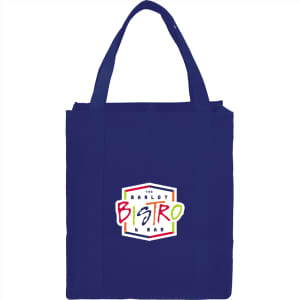 A navy blue reusable grocery tote bag with a logo printed on the front. The bag has two sturdy handles.