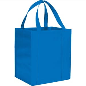 A blue non-woven grocery tote bag with two handles and a square shape. It features a logo.