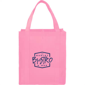 A pink non-woven grocery tote bag featuring a logo on the front. It has two sturdy handles for carrying.