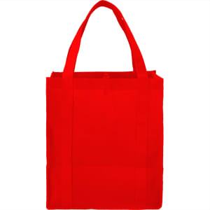 A red non-woven grocery tote with sturdy handles and a spacious interior, featuring a logo on the side.