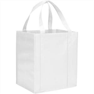 A white non-woven grocery tote with sturdy handles and a rectangular shape, featuring a logo.
