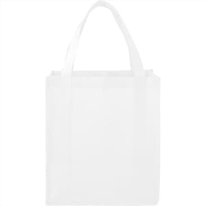 A white non-woven grocery tote bag with sturdy handles and a simple design. It includes a logo.