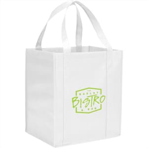 A white reusable grocery tote bag with two handles and a logo. Its square design is spacious and practical.