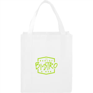 A white reusable grocery tote featuring short handles and a logo in bright green. Suitable for various shopping needs.