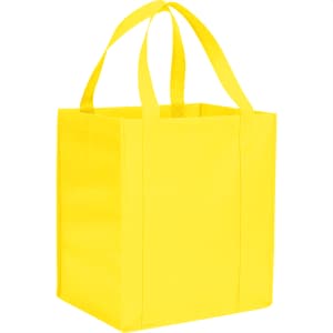 A yellow non-woven grocery tote bag with two sturdy handles and a rectangular shape. It features a logo.