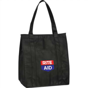 A black insulated grocery tote with a large logo on the front and sturdy handles.