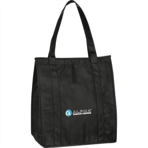 A black insulated grocery tote with shoulder straps and a front pocket, featuring a logo on the front.
