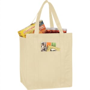 A beige insulated grocery tote filled with snacks and drinks, featuring a front pocket and sturdy handles.