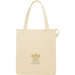 A cream insulated grocery tote with handles and a logo on the front, featuring a spacious main compartment.
