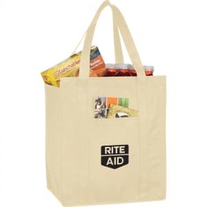 A beige insulated grocery tote filled with snacks and drinks, featuring a logo on the front.