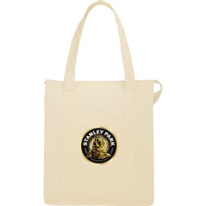 A cream-coloured insulated grocery tote bag with a large logo on the front and long handles.