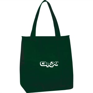 A dark green insulated grocery tote bag with two handles and a logo on the front.