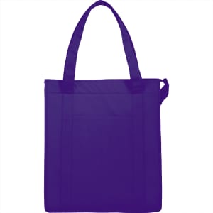 A purple insulated grocery tote with two handles and a front pocket. It features branding on the side.