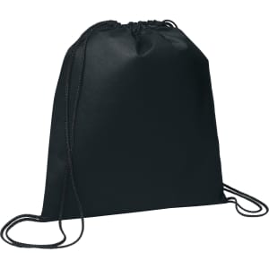 A black non-woven drawstring sportpack with a cinch closure and matching drawstrings, featuring a logo.