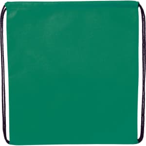 A green non-woven drawstring sportpack with black cords, featuring a plain design and a logo.