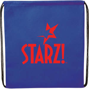 A blue non-woven drawstring sportpack with a black drawstring and a logo printed on the front.