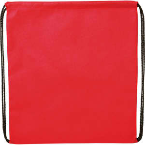A red non-woven drawstring sportpack with black drawstrings and a simple design, featuring a logo.