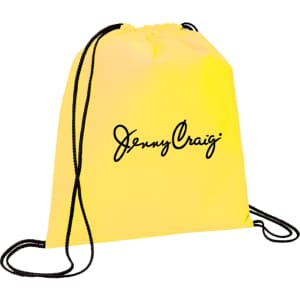 A yellow non-woven drawstring sportpack featuring a black logo and black drawstrings.