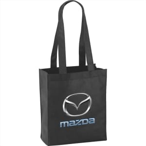 A black non-woven tote bag with two handles and a logo on the front. It has a spacious 6L capacity.