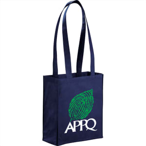 A navy blue non-woven tote bag with two sturdy handles and a logo on the front.