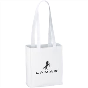 A white non-woven tote bag with long handles and a logo on the front.