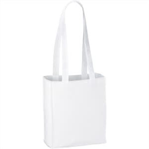 A white non-woven tote bag with two handles and a square shape, featuring a logo.