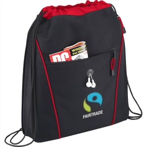 A black and red drawstring bag with a zip pocket, featuring a logo and a magazine peeking out.