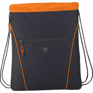 A black drawstring bag with an orange top, featuring a zipped front pocket and a logo.