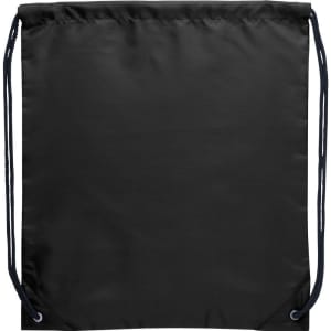 A black drawstring sportspack featuring a logo and two adjustable cords for closure.