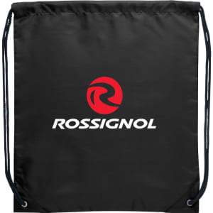A black drawstring sportspack featuring a logo on the front and navy drawstrings.