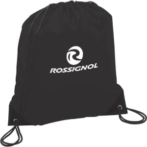 A black drawstring sportspack with a logo. The bag features two drawstrings for closing.