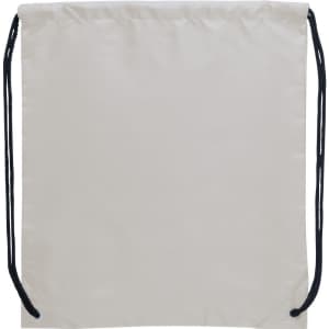 A light grey drawstring sportspack with black cords and a simple design, featuring a logo.