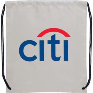 A light-coloured drawstring sportspack with a logo, featuring black drawstrings and a simple design.