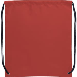 A red drawstring sportspack with black cords and a simple design. Features a logo on the front.