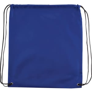A blue drawstring sportspack featuring a logo and two adjustable black cords for carrying.