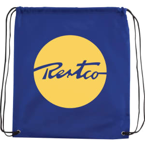 A blue drawstring sportspack with a large yellow circular logo and black drawstrings.