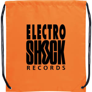 An orange drawstring sportspack featuring a black logo. The pack has black cord straps.