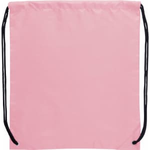 A pink drawstring sportspack with black drawstrings and a logo. Ideal for carrying small items.