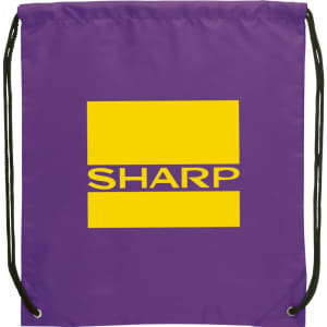 A purple drawstring sportspack featuring a yellow logo. The bag has black drawstrings for closure.
